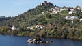 Tagus River, with the hilltop medieval Castle of Belver, overlooking the landscape, Belver, Portugal Royalty Free Stock Photo
