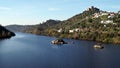 Tagus River, with the hilltop medieval Castle of Belver, overlooking the landscape, Belver, Portugal Royalty Free Stock Photo