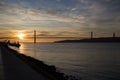 Tagus River, bridge and Cristo Rei monument in Lisbon at sunrise Royalty Free Stock Photo