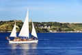 LISBON, PORTUGAL - JULY, 06, 2018: Sailboat floating on the river Tagus in Lisbon.