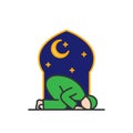 Tahajud Sujud Muslim praying at the night time in the mosque. Simple monoline icon style for muslim ramadan and eid al fitr