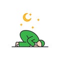 Tahajud Sujud Muslim praying at the night time. Simple monoline icon style for muslim ramadan and eid al fitr celebration