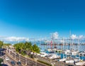 TAHITI, FRENCH POLYNESIA - SEPTEMBER 18, 2018: Boats in the port of the island. Copy space for text. Top view