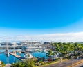 TAHITI, FRENCH POLYNESIA - SEPTEMBER 18, 2018: Boats in the port of the island. Copy space for text. Top view
