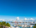 TAHITI, FRENCH POLYNESIA - SEPTEMBER 18, 2018: Boats in the port of the island. Copy space for text. Top view