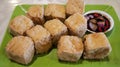 Tahu Goreng Sumedang is Indonesian street snack from West Java. Crispy deep fried tofu served with mix of soy sauce, onion, and Royalty Free Stock Photo