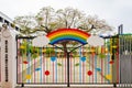 Exterior view of a colorful kindergarten gate