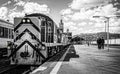 Taieri Gorge railway train and carriages in black and white at the platform at Dunedin Railway Station in Dunedin, New Zealand Royalty Free Stock Photo