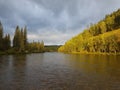 Taiga, deep in the mountains of Sayan. River mana