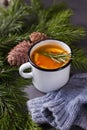 Taiga tea with orange and spices, winter or autumn cozy background, fir tree, copy space.