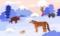 Taiga wild animals on winter nature landscape with mountain and forest vector illustration, cartoon Northern animals