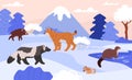 Taiga wild animals on winter nature landscape with mountain and river vector illustration, cartoon Northern animals Royalty Free Stock Photo