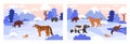 Taiga wild animals on winter nature landscape with mountain and river vector illustrations set, cartoon Northern animals Royalty Free Stock Photo