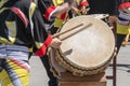 Taiko drummers perform on stage Royalty Free Stock Photo