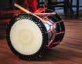 Taiko drums o-kedo on scene background. Culture of Asia Korea, Japan, China.