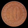 Tail of 10 dinar coin, issued by Yugoslavia in 1974