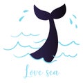 The tail of a diving whale and the handwritten inscription Love sea. Royalty Free Stock Photo