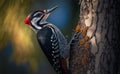 Another shot of the woodpecker with its beak on a tree trunk, set against a blurred blue sky background, generative AI