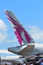 Tail of Qatar Airways Airbus A380 super jumbo on display at Singapore Airshow