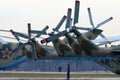 Tail rotors of Mil Mi-8AMTSH helicopters of Russian air force during Victory Day parade rehearsal at Kubinka air force base.