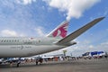 Tail section of Qatar Airways Boeing 787-8 Dreamliner at Singapore Airshow