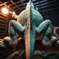 Tail view of chameleon stuck inside a small confined pet cage.