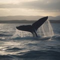 Tail of whale protrudes from water, tail of large fish above surface of the ocean