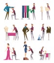 Tailor characters. Fabric sewing workings in atelie dressmaker people vector cartoon illustrations