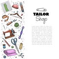 Tailor or dressmaker work and fashion designer atelier sketch items. Vector sewing illustration in retro vintage style