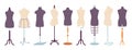 Tailor mannequins. Isolated unisex, female and male dummies. Equipment for fashion design and home needlework. Various