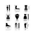 Tailor measurements drop shadow black glyph icons set. Human body proportions and product dimensions specification