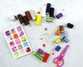 tailor needles and threads and decorative elements, beads for children`s creativity, for embroidery, making bracelets and other j