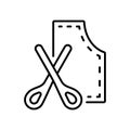 Tailor`s pattern and scissors. Linear icon of clothes cutting, dressmaking. Black simple illustration of sewing studio, fitting