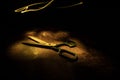 Tailor`s scissors on wooden table in low light. Artwork decoration with toned foggy backlight