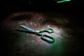 Tailor`s scissors on wooden table in low light. Artwork decoration with toned foggy backlight