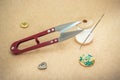 Tailor`s snipper for cutting threads on the background of sewing accessories Royalty Free Stock Photo