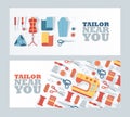 Tailor shop banner, vector illustration. Atelier dressmaking service, fashion design studio, professional clothing