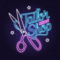 Tailor shop neon design or emblem. Vector. Typography design with scissors silhouette for sewing shop business. Retro