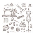 Tailor shop. Sketch sewing tools materials vintage clothes needlework textile industry stitching tailor handicraft Royalty Free Stock Photo