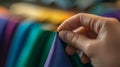 Tailor threading a needle, fabrics of various colors blurred in the background. Royalty Free Stock Photo