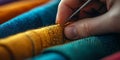 Tailor threading a needle, fabrics of various colors blurred in the background. Royalty Free Stock Photo