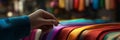 Tailor threading a needle, fabrics of various colors blurred in the background. Royalty Free Stock Photo