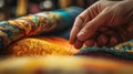 Tailor threading a needle, fabrics of various colors blurred in the background. Royalty Free Stock Photo