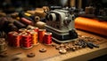 Tailor workshop sewing machine, spools, thread, creativity, craftsmanship generated by AI Royalty Free Stock Photo