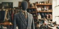 Tailored grey suit displayed on mannequin in classic tailor shop interior Royalty Free Stock Photo