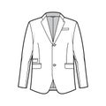 Tailored jacket lounge suit technical fashion illustration with long sleeves, notched lapel collar, flap went pockets