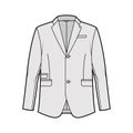 Tailored jacket lounge suit technical fashion illustration with long sleeves, notched lapel collar, flap went pockets