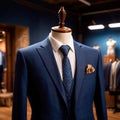 Tailored men\'s suits modeled on mannequin in tailor shop atelier