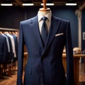 Tailored men\'s suits modeled on mannequin in tailor shop atelier