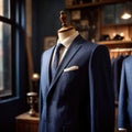 Tailored men\'s suits modeled on mannequin in tailor shop atelier